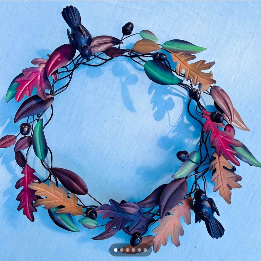 Vintage Metal Autumn Wreath w/ birds, acorns & Leaves.